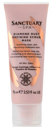 En rosa tube med Sanctuary Spa Diamond Dust Refining Scrub Mask, med svart og gull tekst og en diamant illustrasjon.