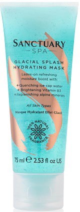 En turkis tube av Sanctuary Spa Hydrating Mask som viser ingredienser og fordeler for hudens fuktighet og friskhet.