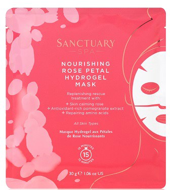 En rosa pakke med rosenblad hydrogelmaske for næring av huden, med kirsebærblomstillustrasjoner og produktdetaljer.