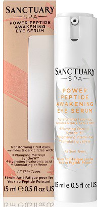 En vit flaska märkt Sanctuary Spa Power Peptide Awakening Eye Serum. Kompakt och elegant design med spraymunstycke.