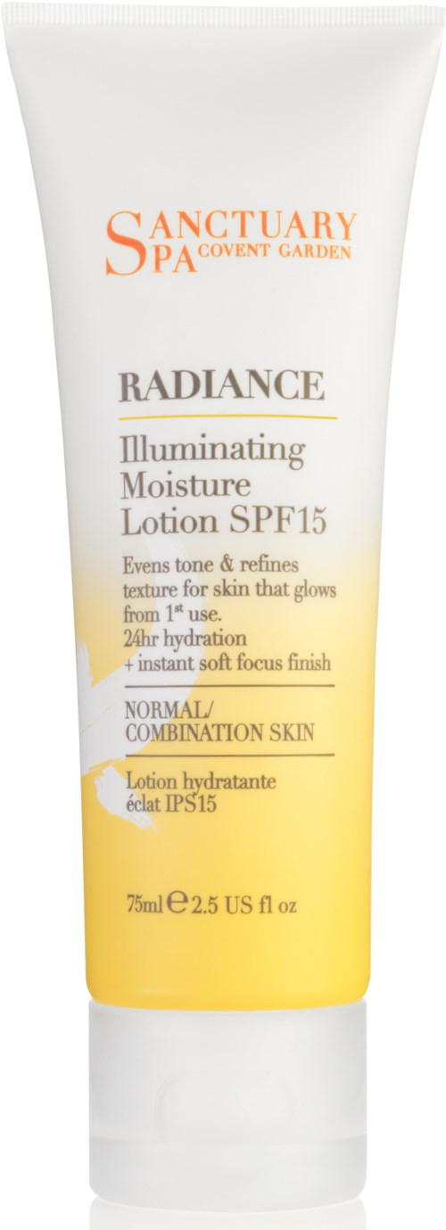 En hvit og gul lotionrør merket Sanctuary Spa Radiance Moisturizer med SPF 15 for normal hud.