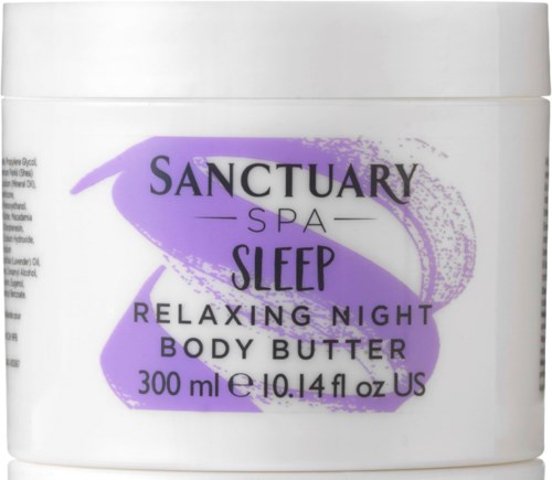 Förpackning av Sanctuary Spa Sleep Relaxing Night Body Butter, 300 ml, med lila och svart etikett.