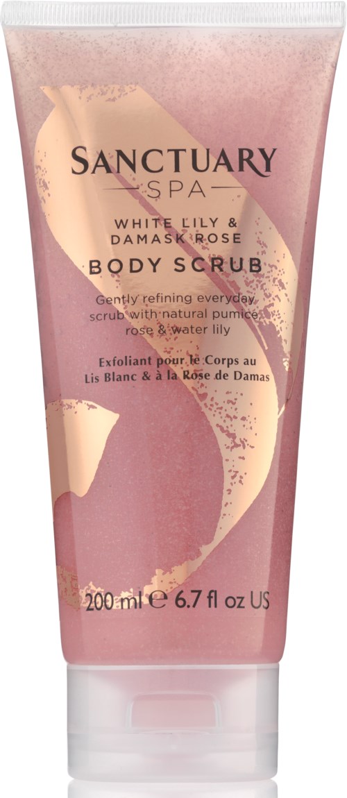 En rosa og beige tube merket Sanctuary Spa White Lily & Damask Rose Body Scrub, 200 ml, med blomsterdesign.