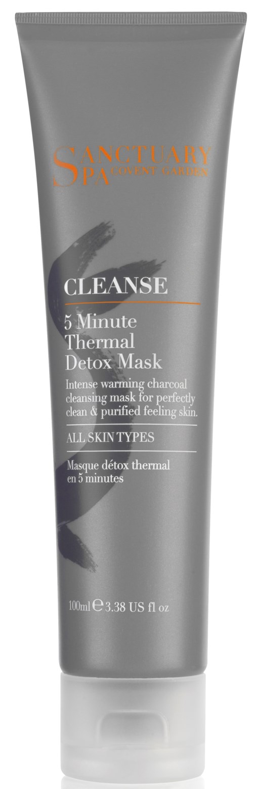 En grå tub med ansiktsmask, märkt 'CLEANSE' och '5 Minute Thermal Detox Mask' för hudrensning och avgiftning.