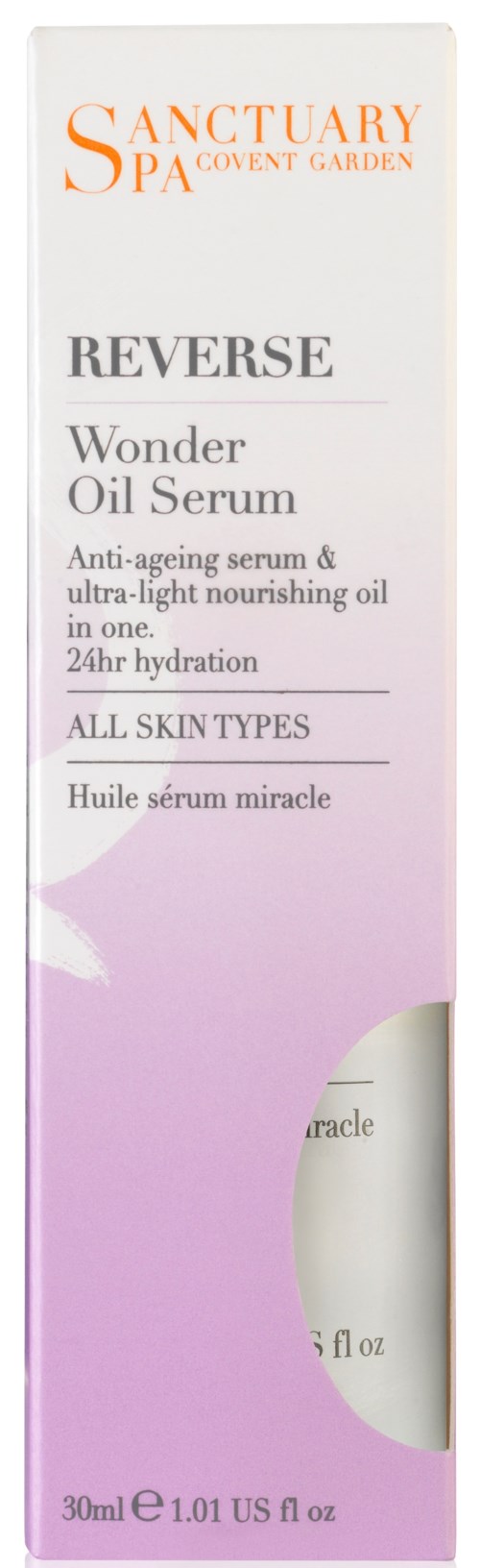 Et hudpleieprodukt merket Sanctuary SPA med hvit og lilla emballasje som fremmer anti-aldring og fukting for alle hudtyper.