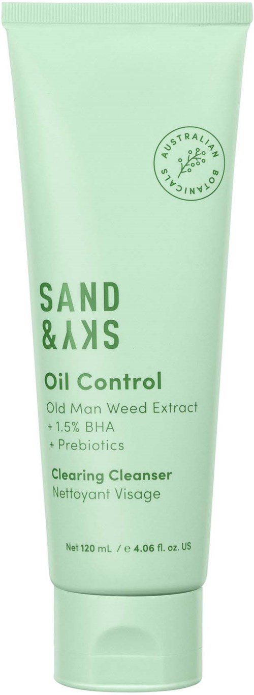 A green tube of facial cleanser labeled 'Sand & Sky Oil Control' with natural ingredients and 120 ml size.