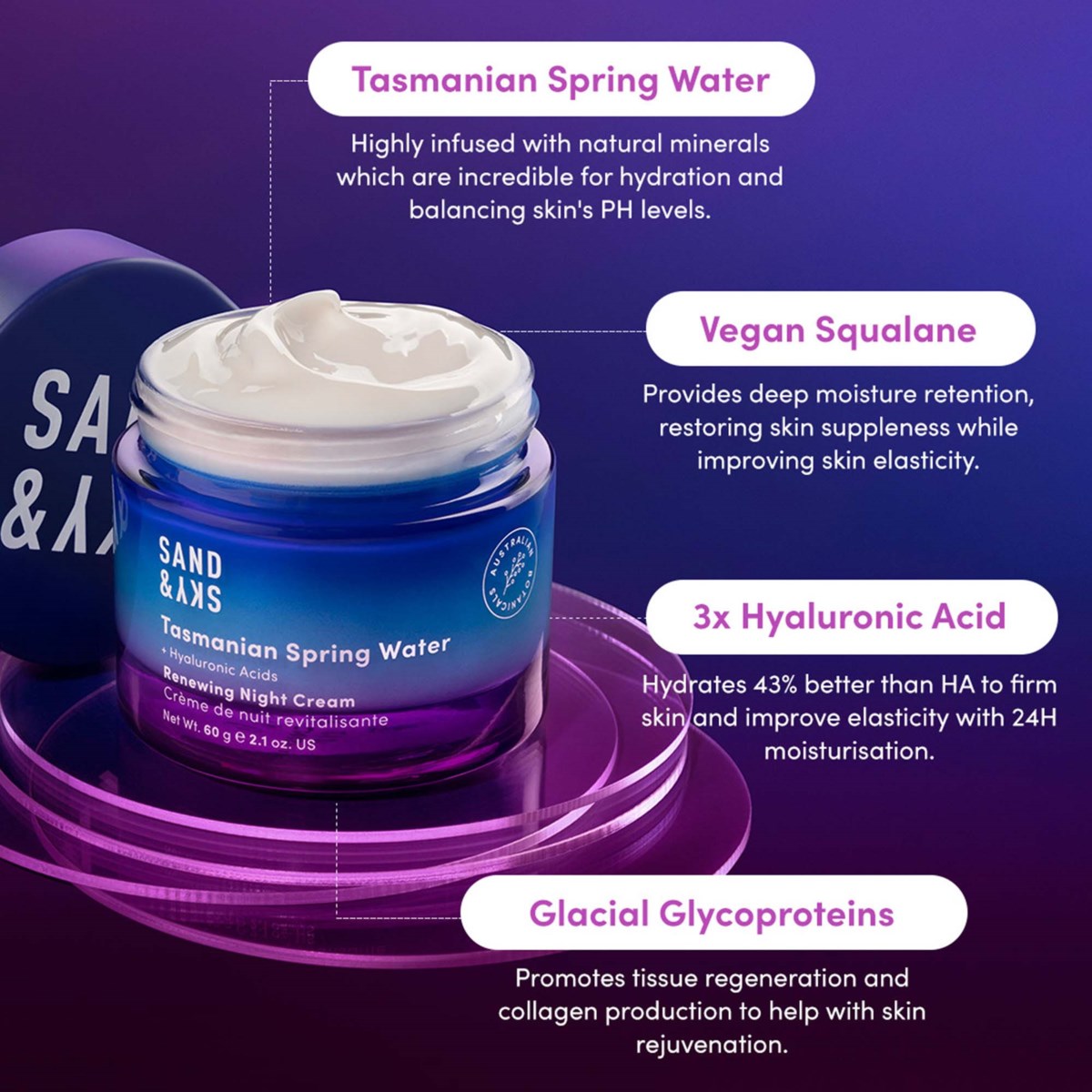 Ночной крем для лица Sand & Sky Tasmanian Spring Water Renewing Night Cream увлажняющий, против признаков старения, 60 г — фото 5