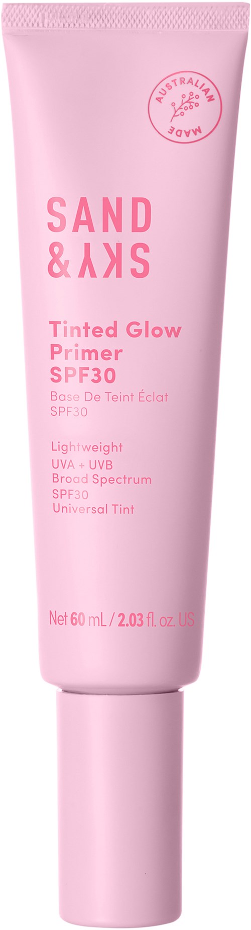 En rosa tub med Sand & Sky Tinted Glow Primer med SPF30. Det står lättviktig, med UV-skydd och universell ton.