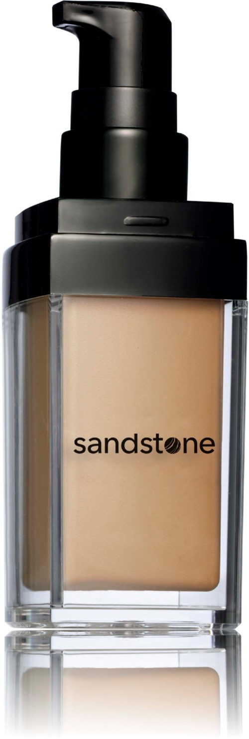 En foundationsflaske med pumpe, svart lokk og gjennomsiktig beholder som viser beige sminke.