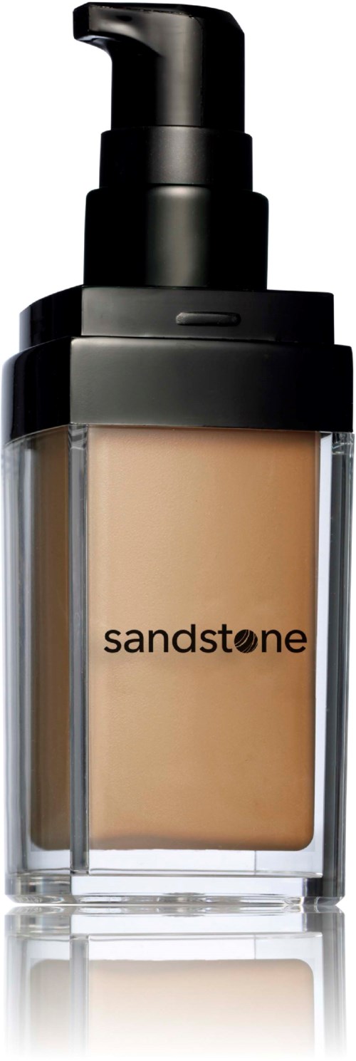 Flaske med flytende foundation med svart pumpe og gjennomsiktig beholder som viser beige produkt.