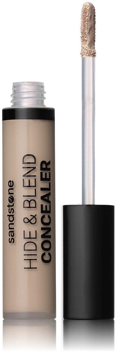 A concealer tube with a wand applicator, labeled 'Sandstone Hide & Blend'.