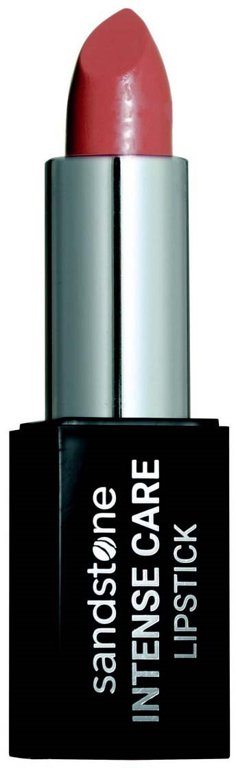 Ett rosa läppstift i ett silver- och svart fodral med vitt text, märkt 'Sandstone Intense Care Lipstick.'