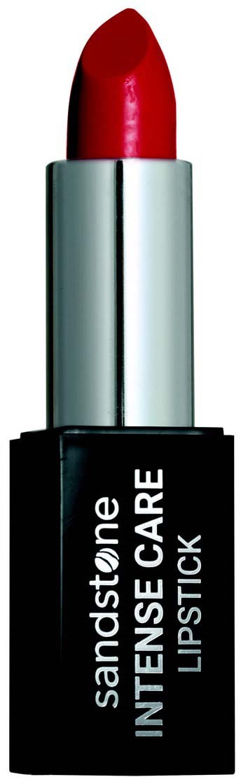 En röd läppstift i ett svart och silverfodral med vit text. Det står 'Sandstone Intense Care Lipstick.'
