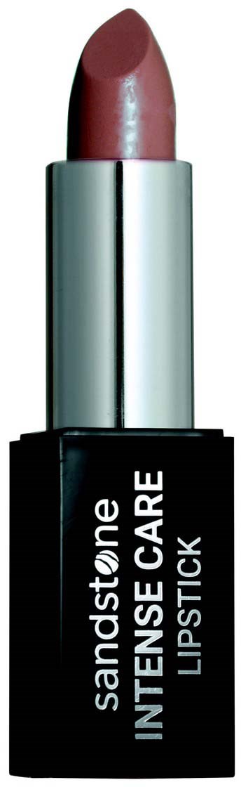 Ett läppstift med en silverrör och svart botten, märkt 'sandstone intense care lipstick,' visar en mauve färg.