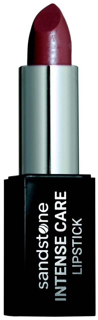 Ett rött läppstift i en silver- och svart tub med vitt text, märkt 'sandstone intense care lipstick.'
