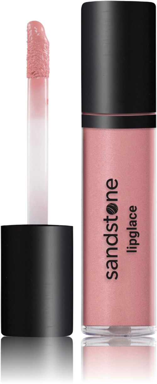 Rosa läppglans i en klar tub med svart lock och applicator, märkt "sandstone lipglace."