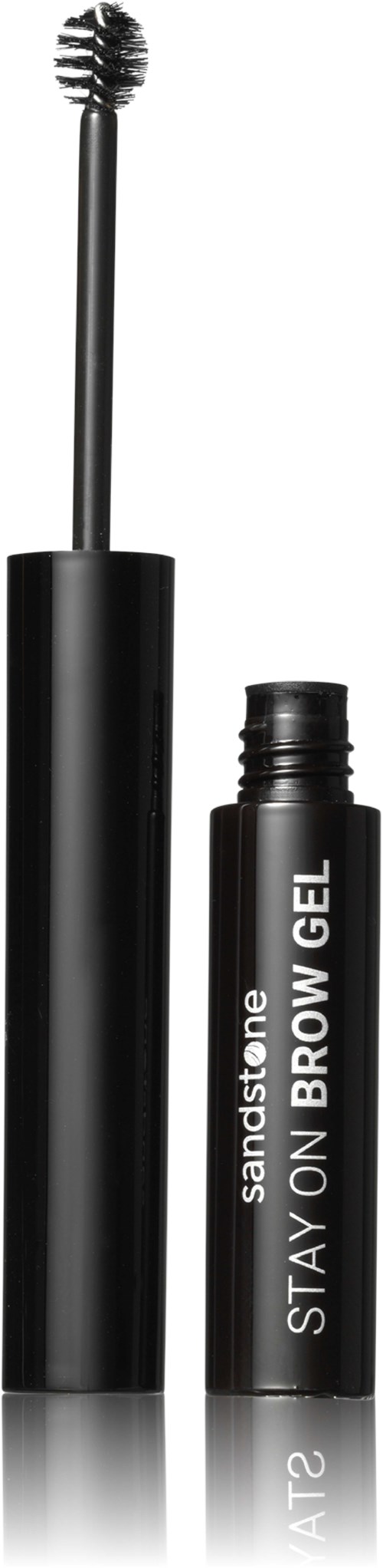 En svart tub med en borste och en liten flaska märkt 'STAY ON BROW GEL' för ögonbrynsmakeup.
