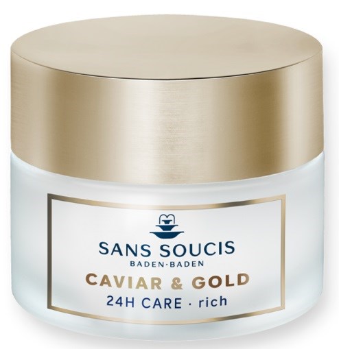 Een witte pot met een gouden deksel en een label dat zegt "Caviar & Gold" voor huidverzorging, van Sans Soucis.