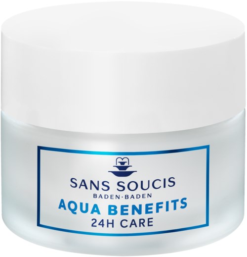 En hvid glas med blå tekst og logo, der står "Aqua Benefits 24H Care."