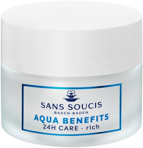 En vit burk med blå och vit etikett, visar orden 'Sans Soucis Aqua Benefits 24H Care rich.'