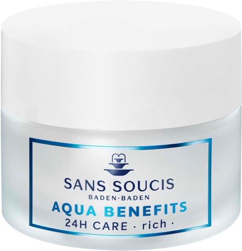 A white container with a blue and white label for Sans Soucis Aqua Benefits skincare, emphasizing 24-hour rich care.