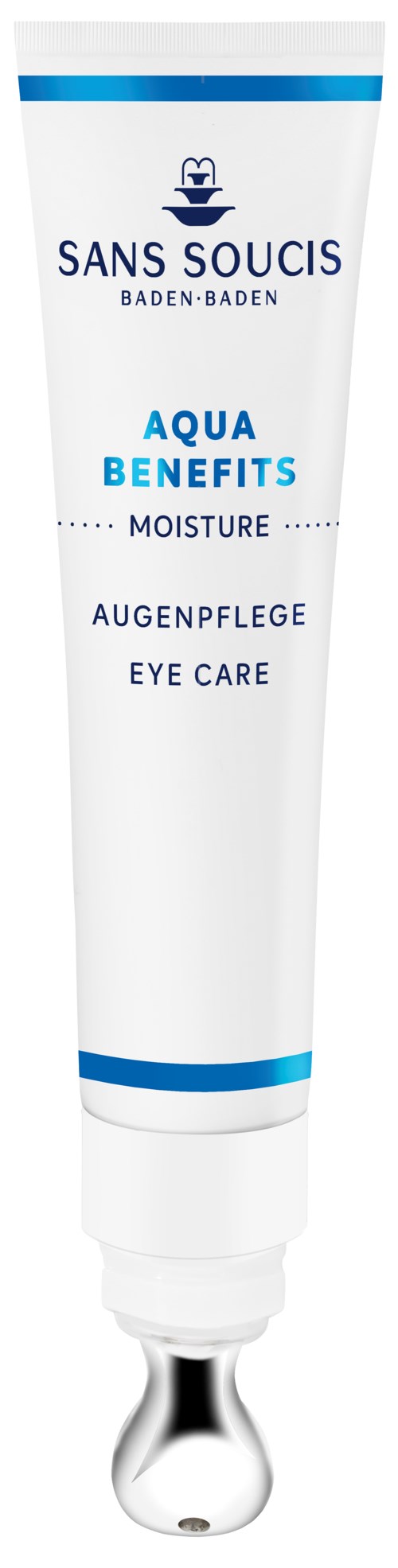 En hvid tube med blå og sort tekst, mærket 'Eye Care' og 'Moisture', til øjenfugtighed. Den har en sølvrulle.