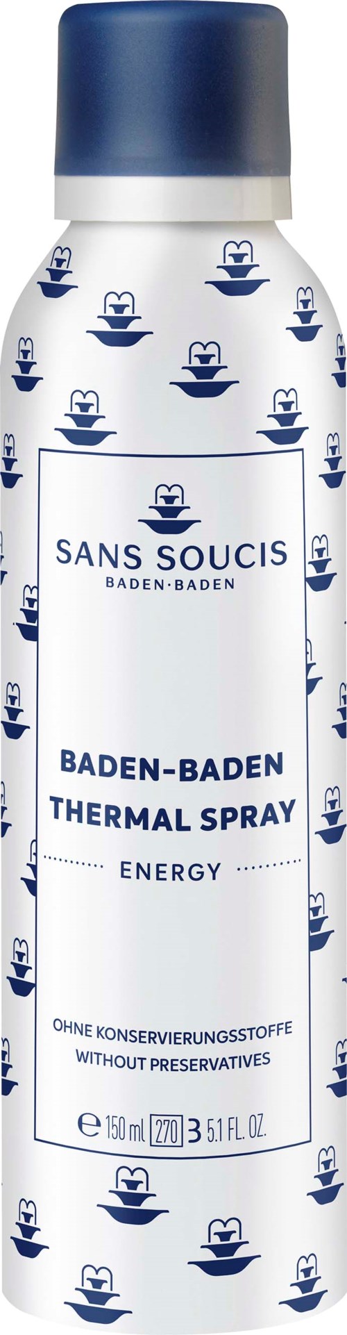 A white and blue can of thermal spray with text and small boat icons, labeled "Sans Soucis Baden-Baden" and "Energy."