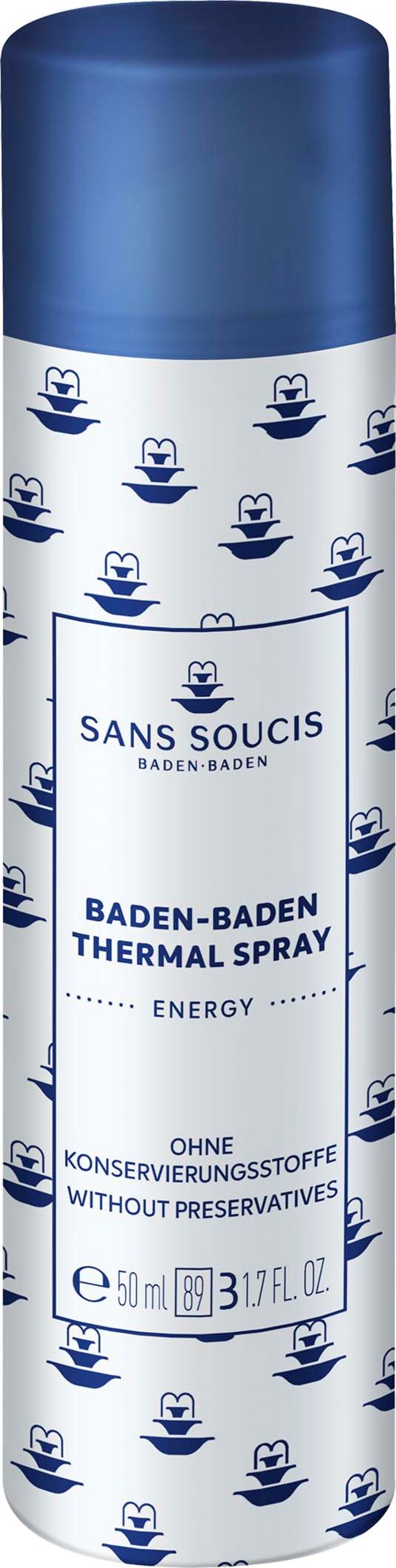Niebieska puszka z napisem 'Baden-Baden Thermal Spray' na energię bez konserwantów.