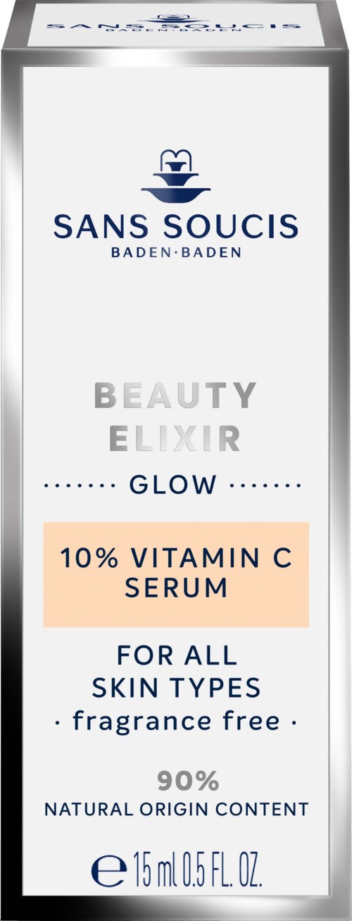 A skincare product package with the brand Sans Soucis, promoting a vitamin C serum for all skin types, fragrance-free.
