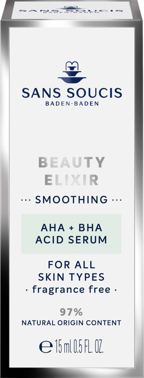 En lang, hvid boks med blå tekst viser et hudplejeprodukt kaldet 'Beauty Elixir' fra Sans Soucis, egnet til alle hudtyper.