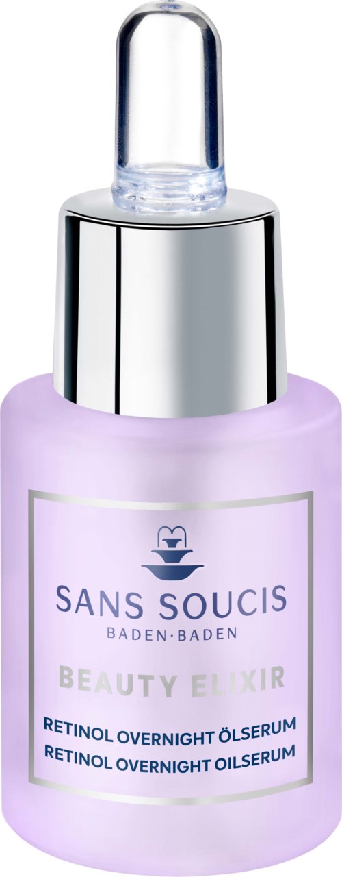 Fioletowa butelka z kroplomierzem, oznaczona 'Sans Soucis Beauty Elixir' i 'Retinol Overnight Oil Serum.'