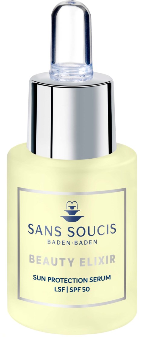 A small yellow bottle with a silver cap and dropper, labeled Sans Soucis Beauty Elixir, sun protection, SPF 50.
