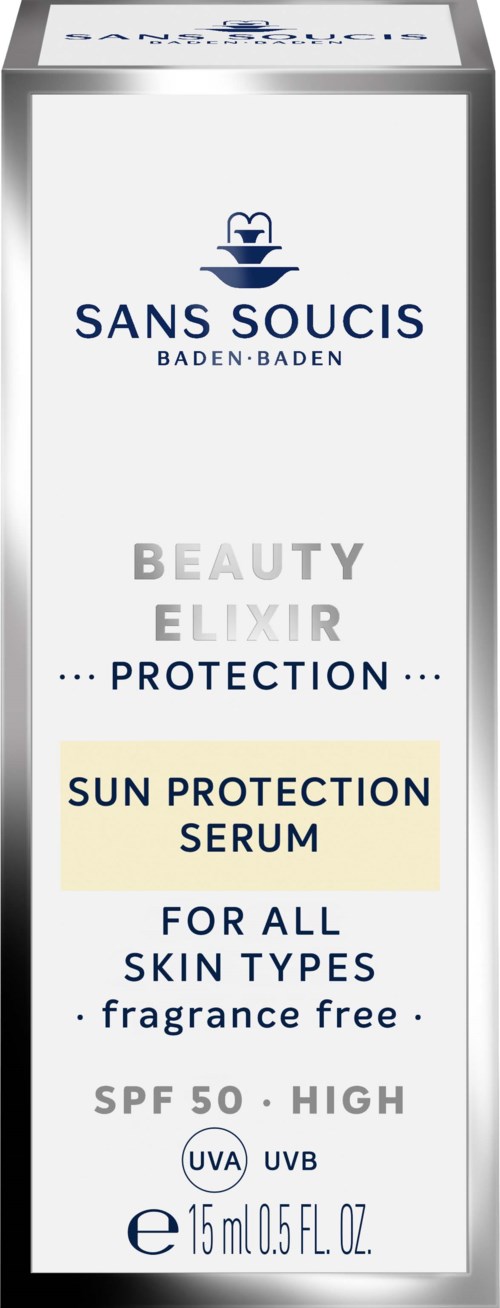 A box of skincare serum for sun protection, suitable for all skin types, with SPF 50, fragrance-free, and high UVA/UVB protection.