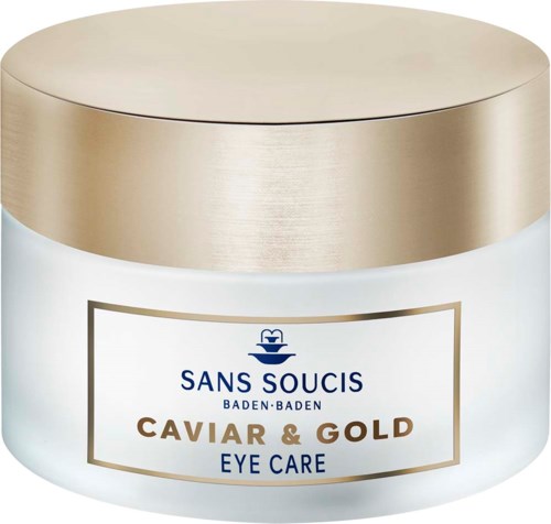 Ein weißer Behälter mit goldener Kappe und Label, beschriftet 'Caviar & Gold Eye Care'.
