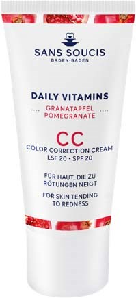 A white tube with blue and red text, saying daily vitamins, pomegranate, CC color correction cream, for skin redness.