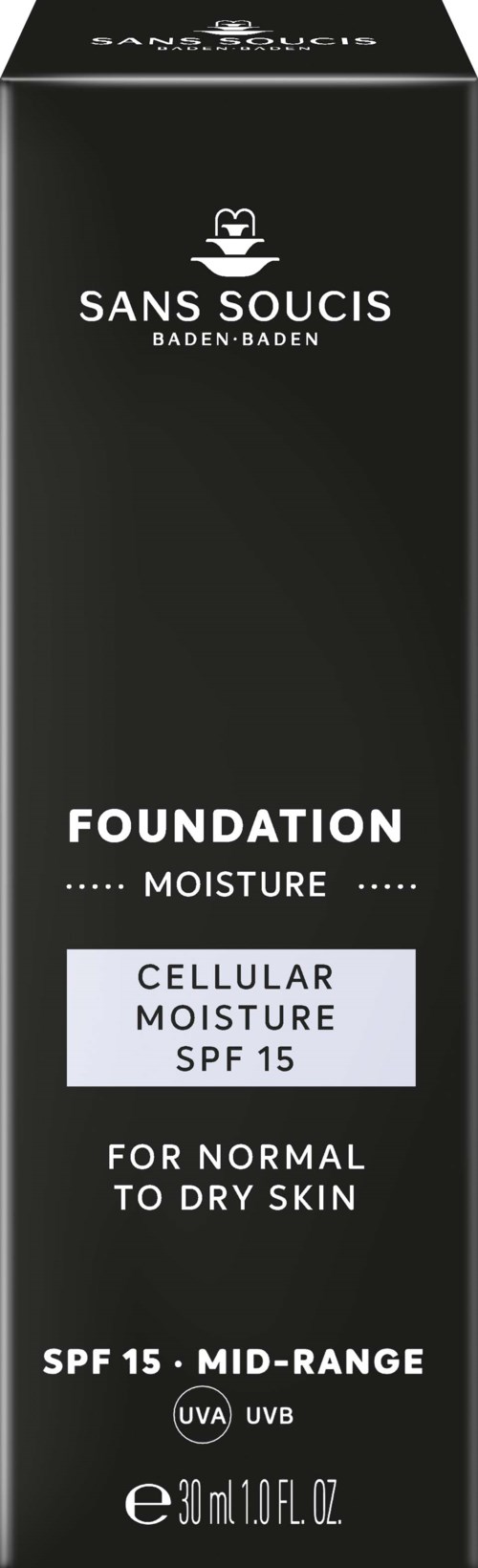 En svart eske med hvit tekst for en foundationskrem fra Sans Soucis, SPF 15, for normal til tørr hud, 30 ml.