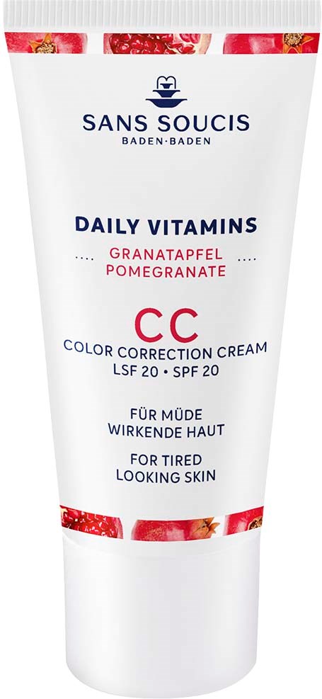 A white tube of face cream with red and pink accents, labeled as daily vitamins CC cream for tired, glowing skin.
