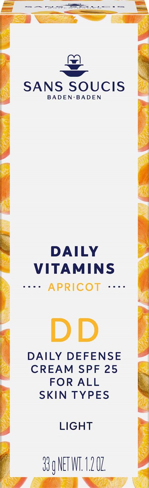 A box shows a vitamin product with apricot flavor, SPF 25, for all skin types, with light protection, 33g weight.