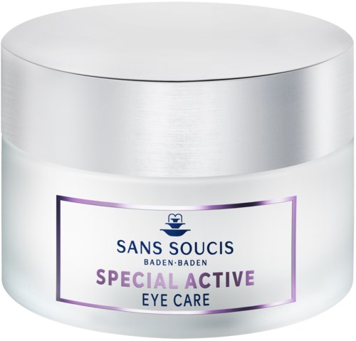 A white jar with a purple and blue label for eye care, labeled 'Special Active Eye Care'.