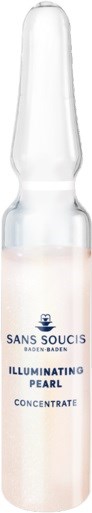 A small glass bottle with a dropper, labeled 'Illuminating Pearl Concentrate' from Sans Soucis, Baden-Baden.