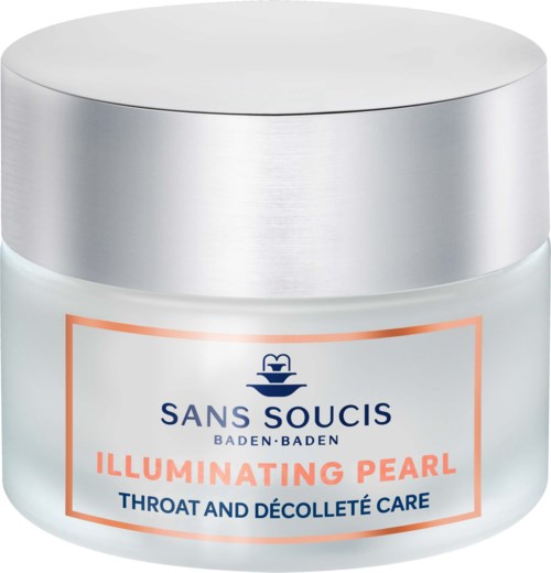 A jar of skincare cream labeled 'Illuminating Pearl' for throat and décolleté care, with a simple white design and silver lid.