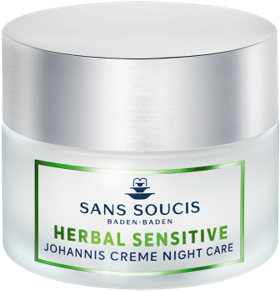 A white jar of herbal-sensitive night care cream with green and blue text, and a logo with a gift box.