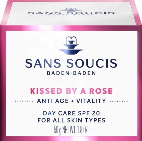 Pink and white box with a blue logo. Text about skincare, anti-aging, and sun protection. Suitable for all skin types.