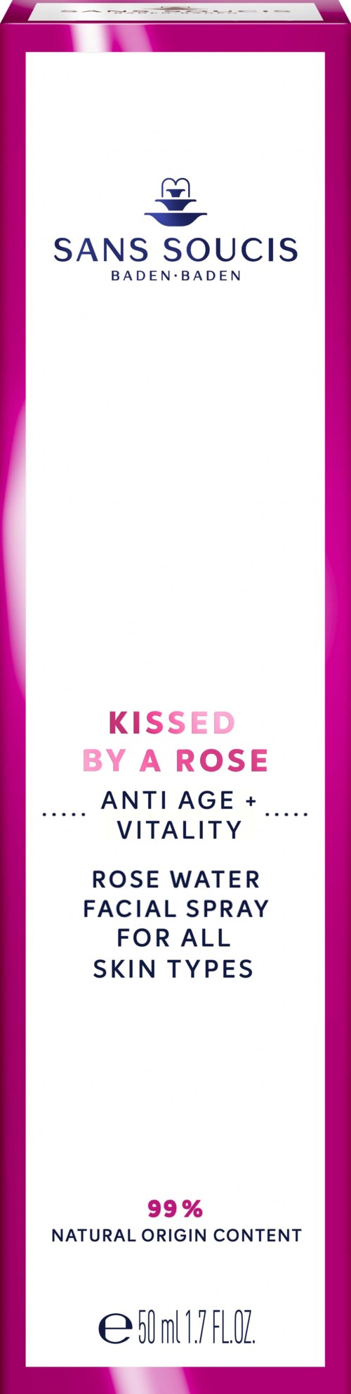En lång, rosa och vit låda med text om ansiktsvatten, rosvatten och naturliga ingredienser.