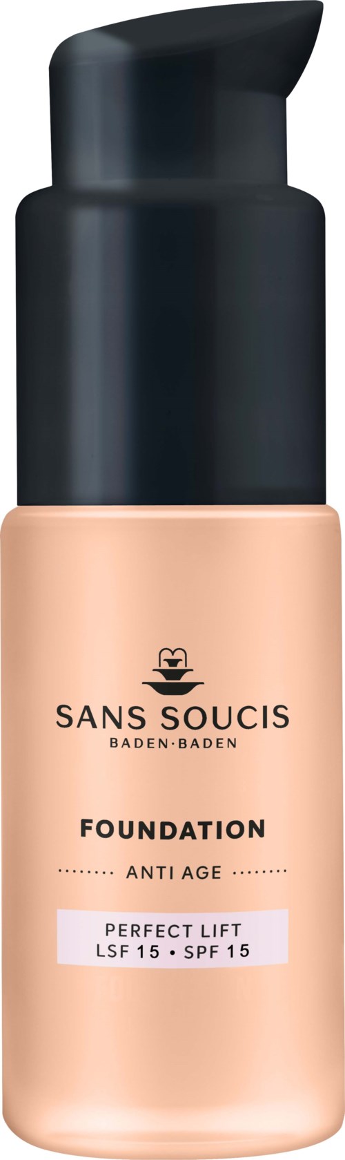 A bottle of Sans Soucis foundation with SPF 15 and anti-aging properties. It has a beige liquid inside and a black pump.
