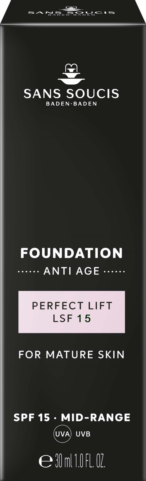 Black box packaging for Sans Soucis Foundation anti-aging product, labeled SPF 15 for mature skin.