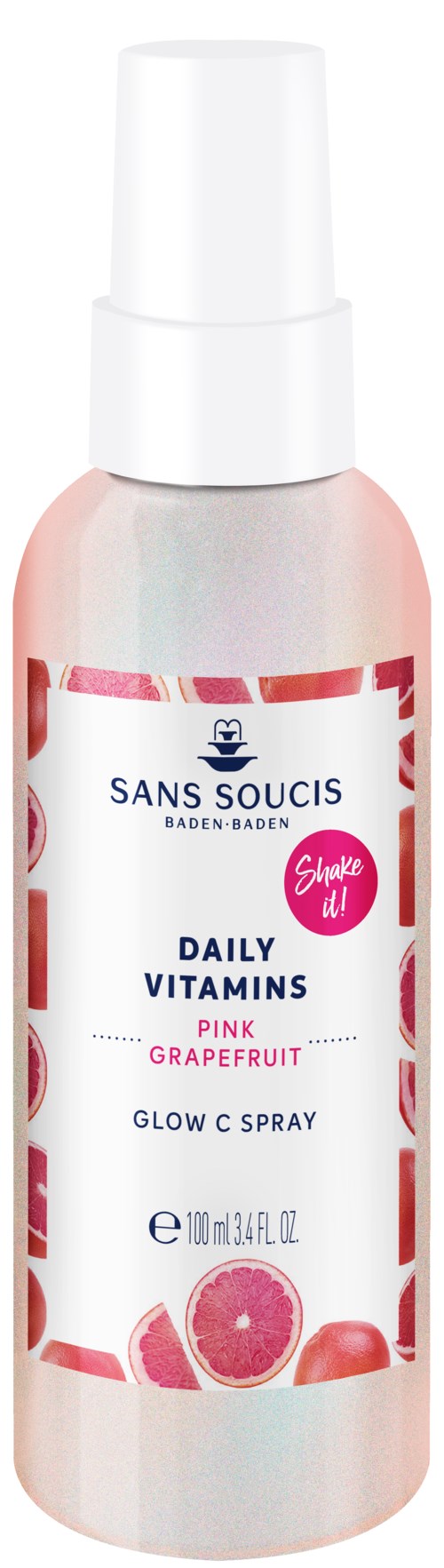 En vit sprayflaska med bilder av rosa och grapefrukt, märkt 'Daily Vitamins Pink Grapefruit Glow Spray' för huden.