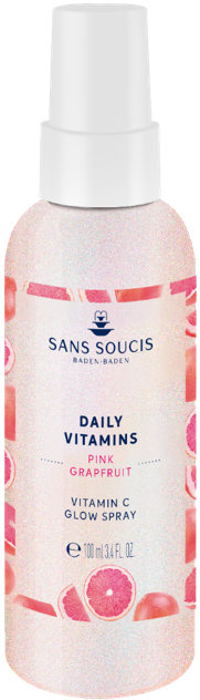 En rosa sprayflaska med etiketten 'Daily Vitamins Pink Grapefruit' och vit kork med blå text.