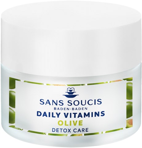 A white jar labeled daily vitamins, olive flavor, for detox care. The jar has a clean, simple design.