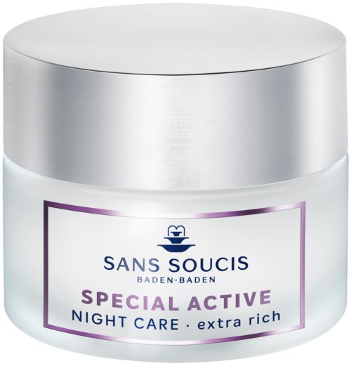 A small white jar with a silver lid, labeled for night care, extra rich, from Sans Soucis, Baden-Baden.